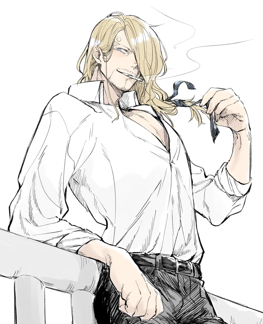 1boy, aged_up, arm_support, belt, black_pants, black_ribbon, blonde_hair, blue_eyes