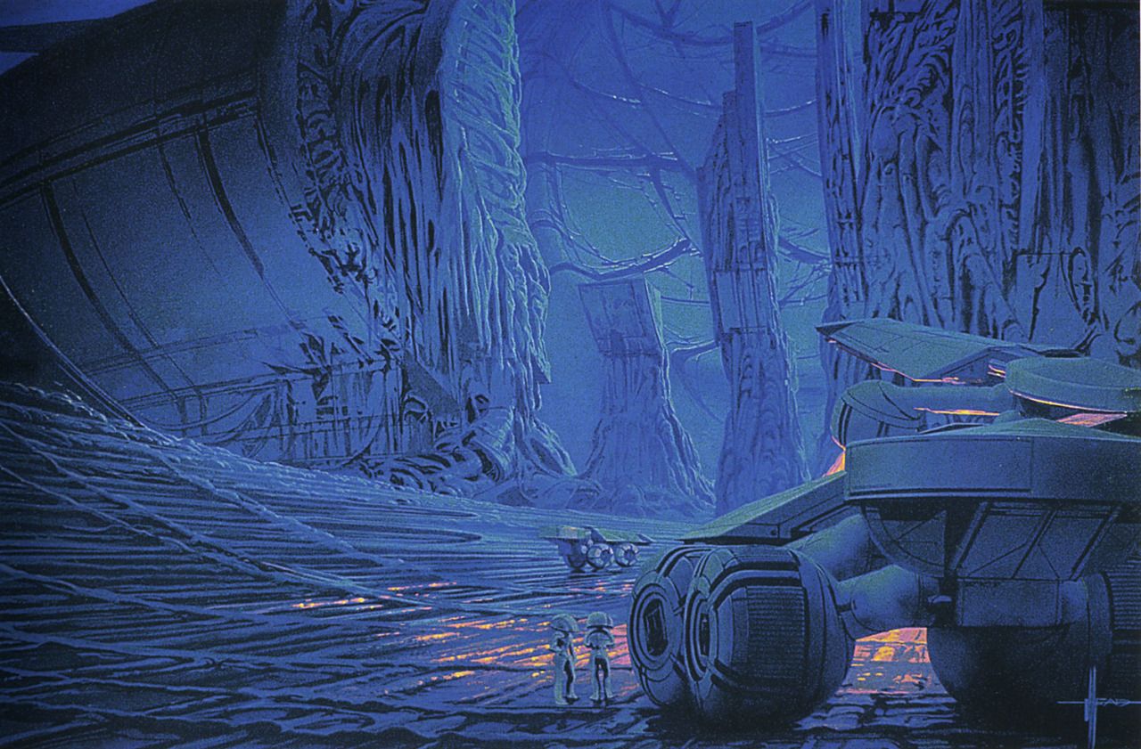 2others, blue_theme, concept_art, helmet, motor_vehicle, multiple_others, ruins, scenery