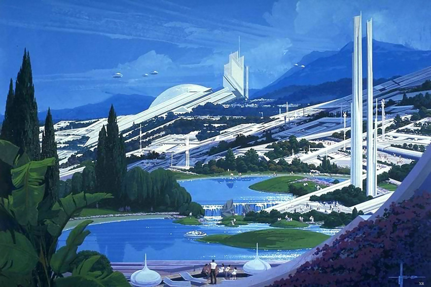 building, cityscape, clouds, concept_art, highres, lake, mountainous_horizon, scenery