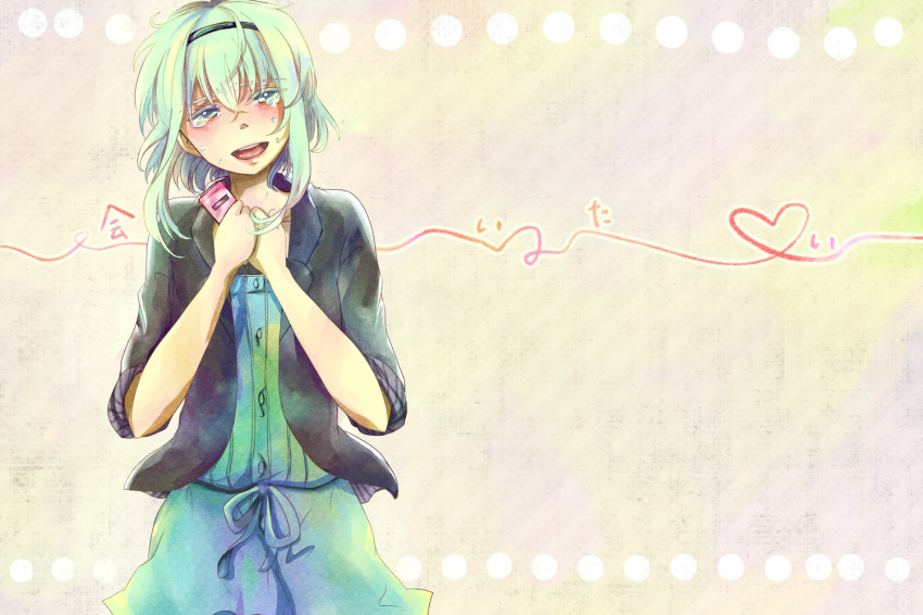 aitai_(vocaloid), green_eyes, green_hair, gumi, hairband, phone, short_hair, smile