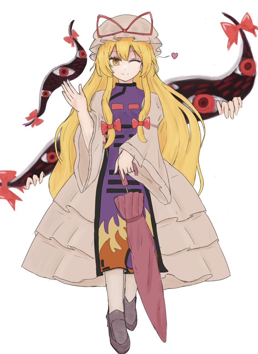 1girl, 83mkneinlsqmebq, blonde_hair, bow, closed_mouth, closed_umbrella, dress, flame_print