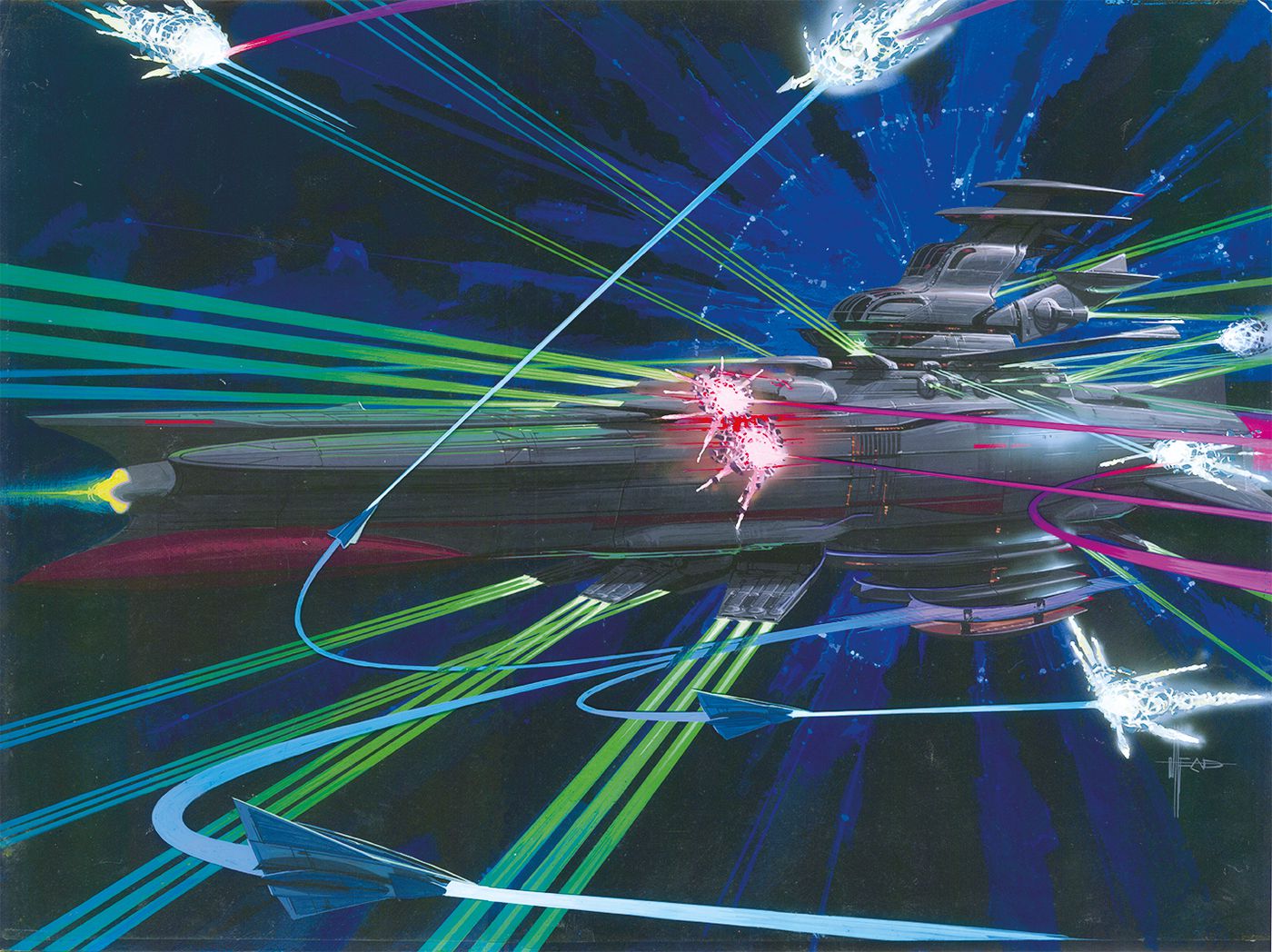 battle, concept_art, energy_cannon, energy_weapon, explosion, firing, flying, laser