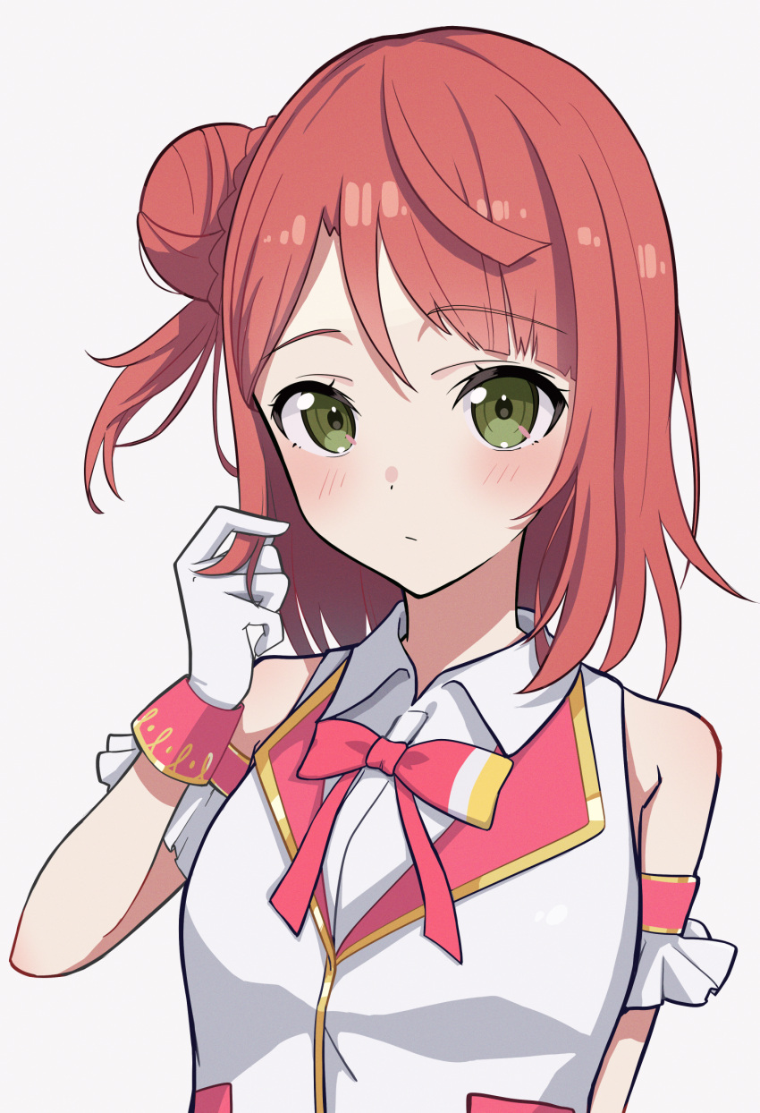 1girl, arm_garter, asymmetrical_bangs, awaomi, blue_skirt, blush, bow, bowtie, braid, braided_bun, closed_mouth, commentary, cowboy_shot, embarrassed, green_eyes, grey_background, hair_bun, highres, looking_at_viewer, love_live!, love_live!_nijigasaki_high_school_idol_club, medium_hair, pink_hair, red_bow, red_bowtie, shirt, side_up_bun, simple_background, single_side_bun, skirt, solo, swept_bangs, twirling_hair, uehara_ayumu, upper_body, vest, white_shirt, white_vest