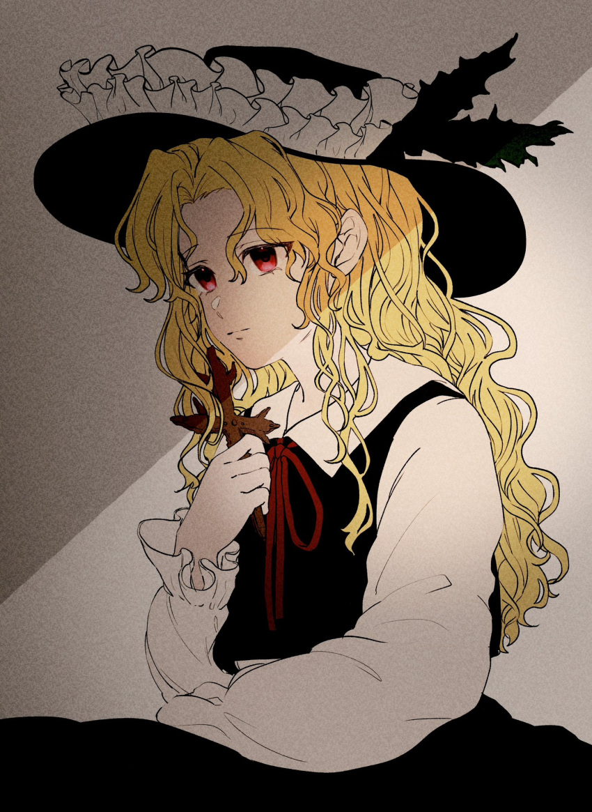 1girl, black_headwear, black_skirt, black_vest, blonde_hair, closed_mouth, collared_shirt, cross