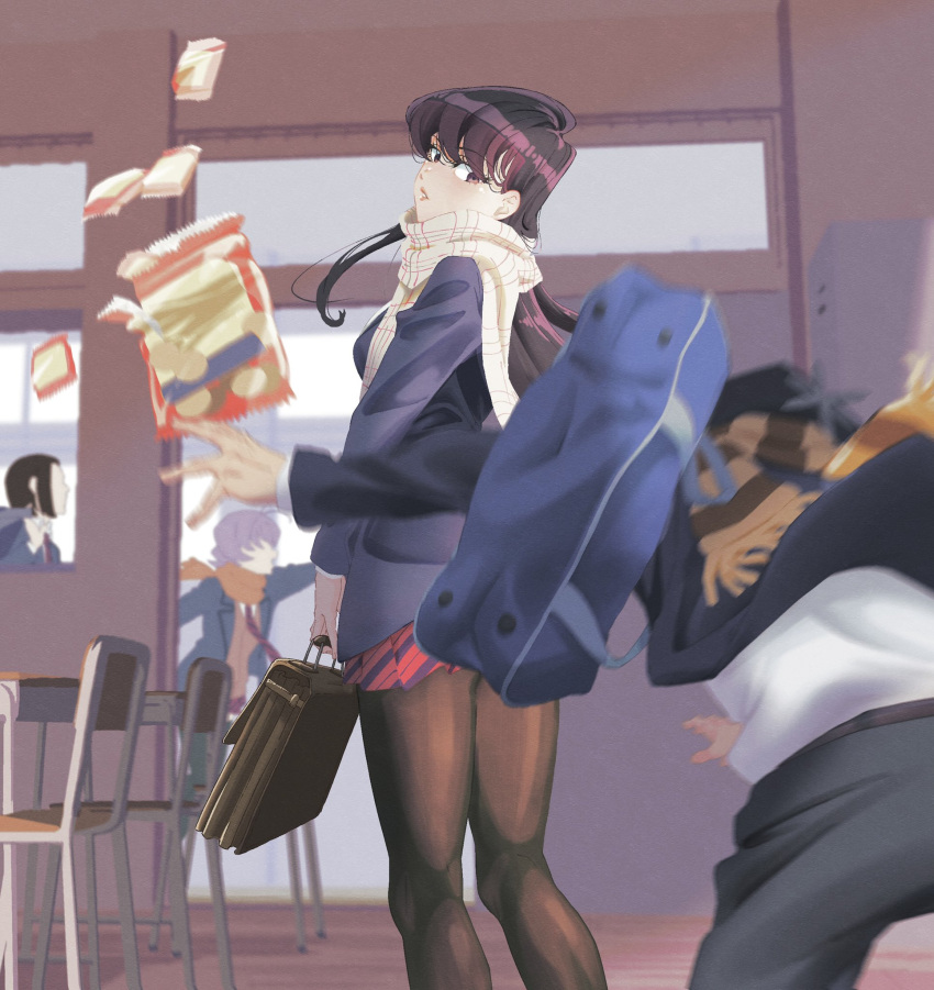 1girl, bag, black_hair, blazer, blue_jacket, blurry, bow, bowtie