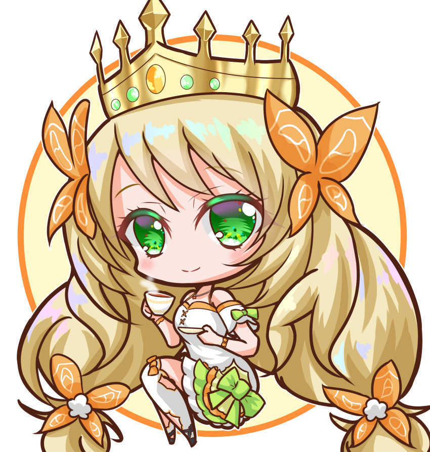 1girl, bare_shoulders, blonde_hair, bow, butterfly_hair_ornament, celine_(fire_emblem), chibi, chibi_only