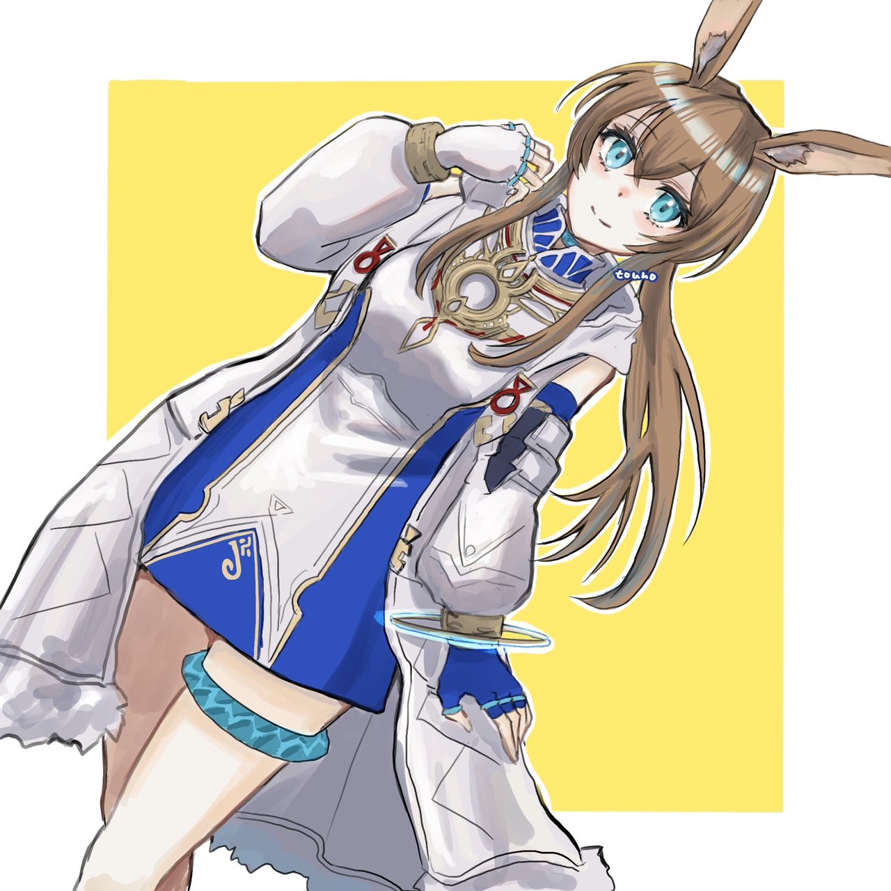1girl, amiya_(arknights), animal_ear_fluff, animal_ears, arknights, asymmetrical_gloves, blue_eyes, blue_gloves