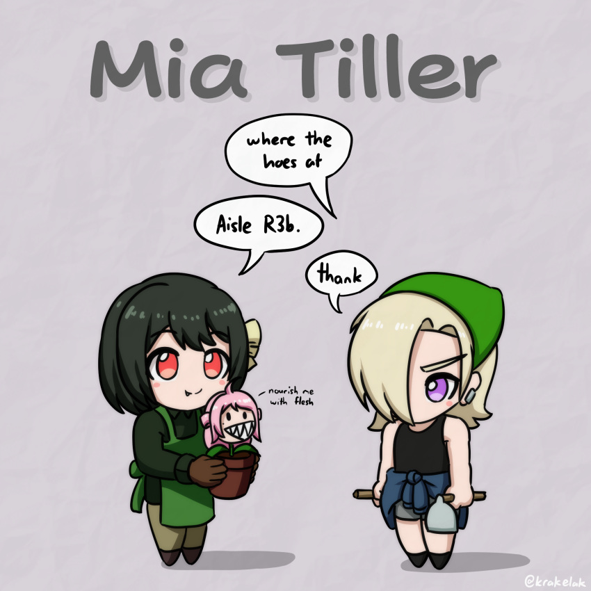 2girls, ahoge, apron, black_hair, black_tank_top, blonde_hair, blush_stickers, chibi
