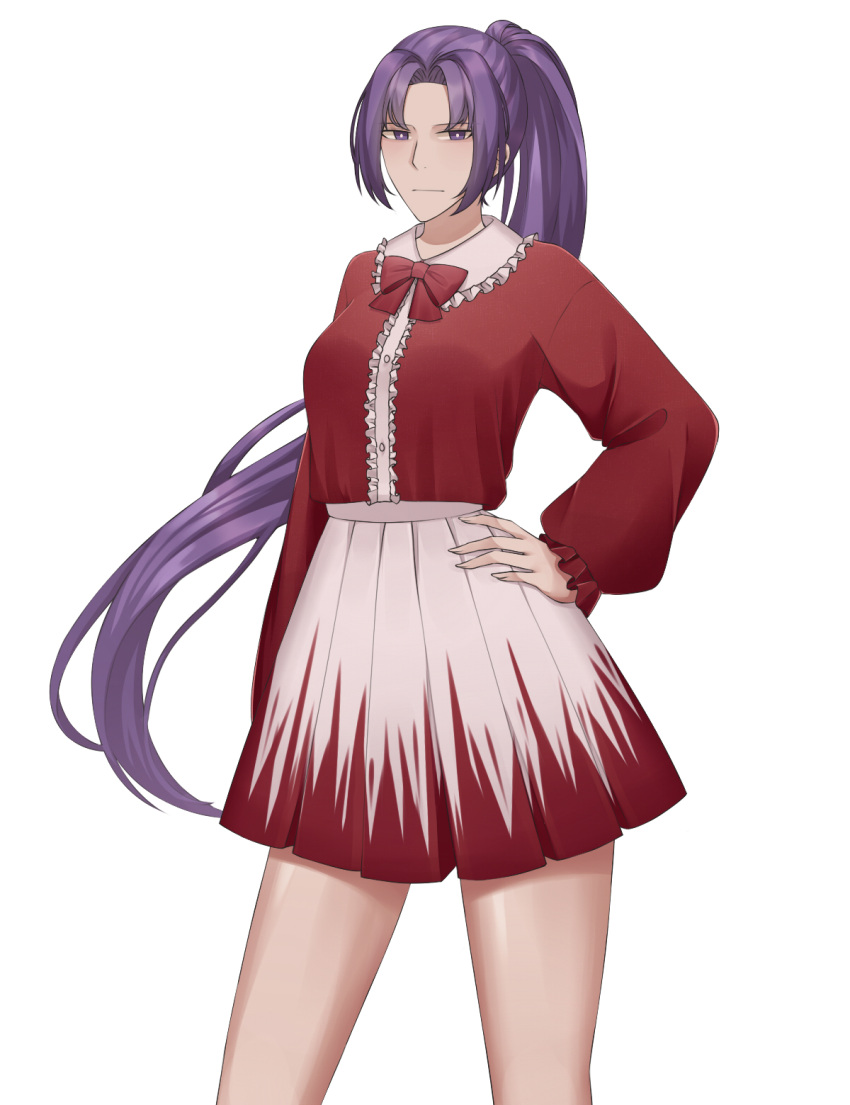 1girl, aroevela, bow, bowtie, closed_mouth, cowboy_shot, english_commentary, hand_on_own_hip, highres, jacket, long_hair, long_sleeves, looking_at_viewer, meira_(touhou), pink_skirt, pleated_skirt, ponytail, purple_hair, red_bow, red_bowtie, red_jacket, red_skirt, skirt, solo, touhou, touhou_(pc-98), two-tone_skirt, very_long_hair, violet_eyes