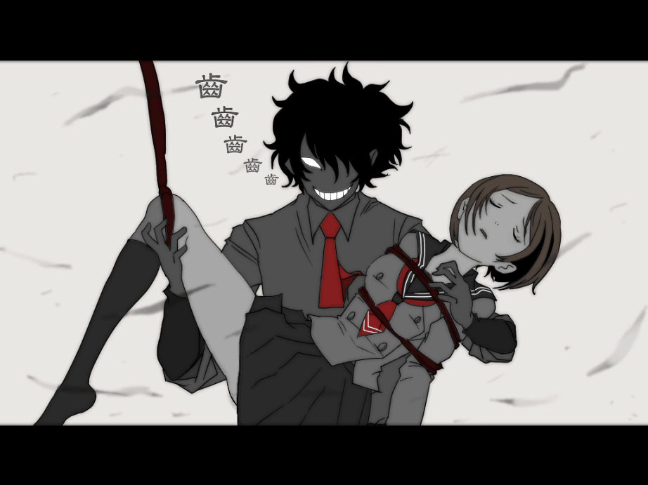 evil_grin, evil_smile, grin, hair_over_one_eye, hitotoshite_jiku_ga_bureteiru, kiben_gakuha_yotsuya-senpai_no_kaidan, legs, messy_hair, nakashima_makoto, necktie, parody, ponc, sayonara_zetsubou_sensei, school_uniform, serafuku, short_hair, skirt, smile, socks, spot_color, yotsuya_buntarou