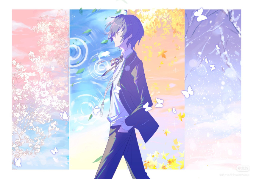 1boy, autumn, black_jacket, black_pants, black_ribbon, blue_eyes, blue_hair, blue_sky, border, bug, butterfly, cherry_blossoms, closed_mouth, collared_shirt, commentary, cowboy_shot, digital_media_player, from_side, gekkoukan_high_school_uniform, hand_in_pocket, headphones, headphones_around_neck, highres, jacket, leaf, male_focus, maple_leaf, neck_ribbon, ninaki999, open_clothes, open_jacket, outside_border, pants, persona, persona_3, persona_3_reload, ribbon, school_uniform, seasons, shirt, short_hair, sky, snow, snowing, solo, spring_(season), summer, walking, water, white_border, white_shirt, winter, yuuki_makoto_(persona_3)