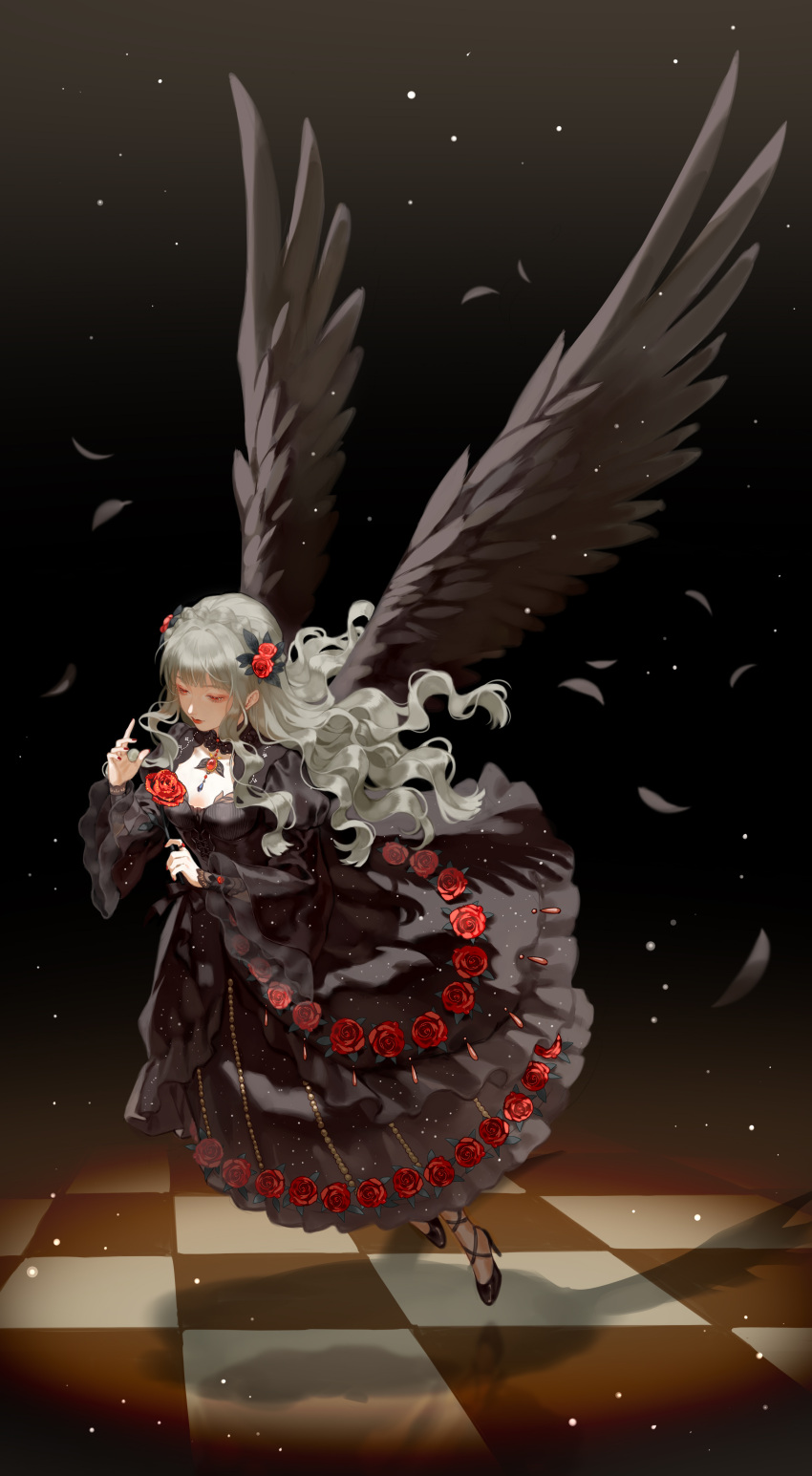 1girl, absurdres, black_background, black_choker, black_dress, black_footwear, black_wings, blunt_bangs, braid, checkered_floor, choker, closed_mouth, cross-laced_clothes, crown_braid, dress, dress_flower, eyeshadow, feathered_wings, floating, flower, frilled_dress, frills, full_body, gem, grey_hair, hair_flower, hair_ornament, high_heels, highres, holding, holding_flower, jewelry, juliet_sleeves, life_makeover, light_particles, long_dress, long_hair, long_sleeves, looking_at_flowers, makeup, nail_polish, pantyhose, pendant_choker, puffy_sleeves, pumps, red_eyes, red_eyeshadow, red_flower, red_gemstone, red_lips, red_nails, red_rose, ring, rosa_(user_hrem8745), rose, shadow, solo, wavy_hair, wings