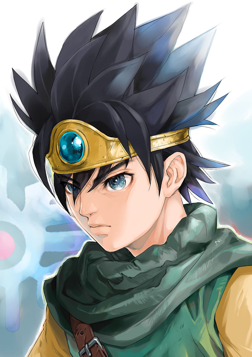 1boy, belt_buckle, black_hair, blue_eyes, blue_gemstone, buckle, circlet, cloak