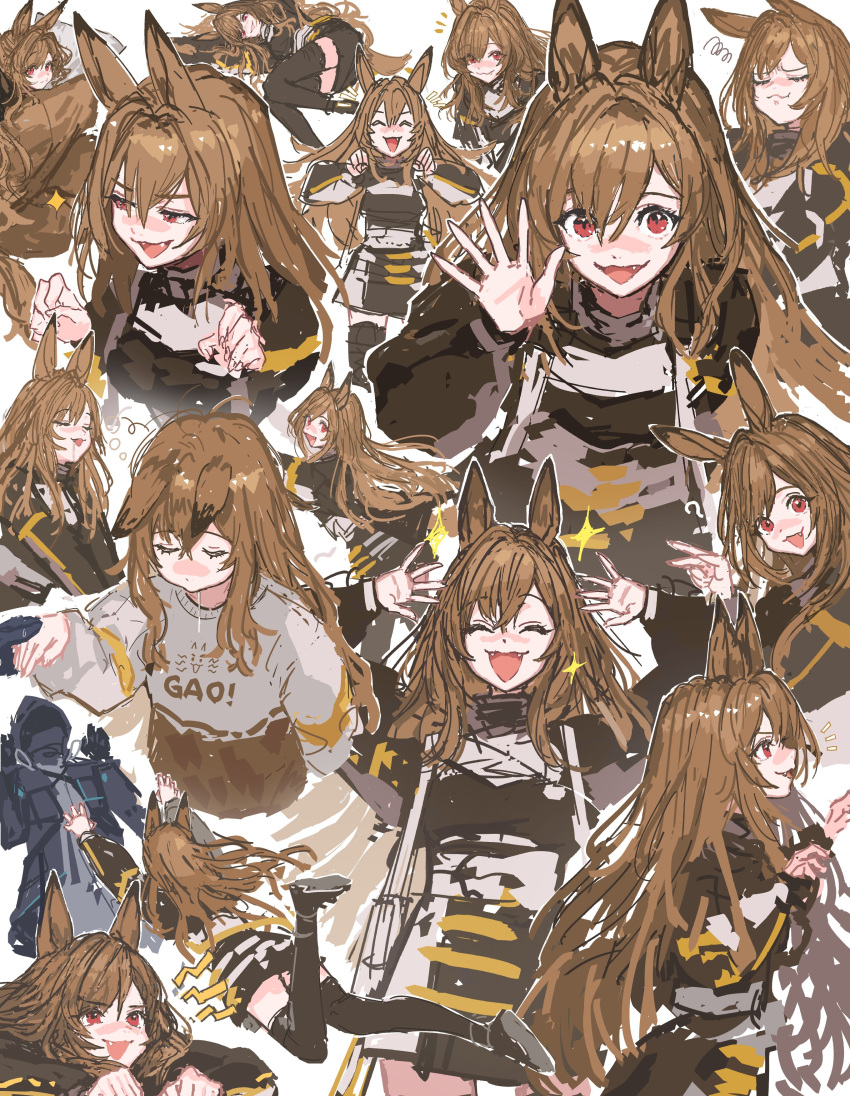 1girl, 1other, ?, ^_^, absurdres, alternate_costume, animal_ears, arknights