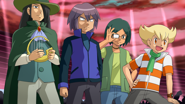 4boys, barry_(pokemon), blonde_hair, cape, conway_(pokemon), green_hair, hair_over_one_eye, harp