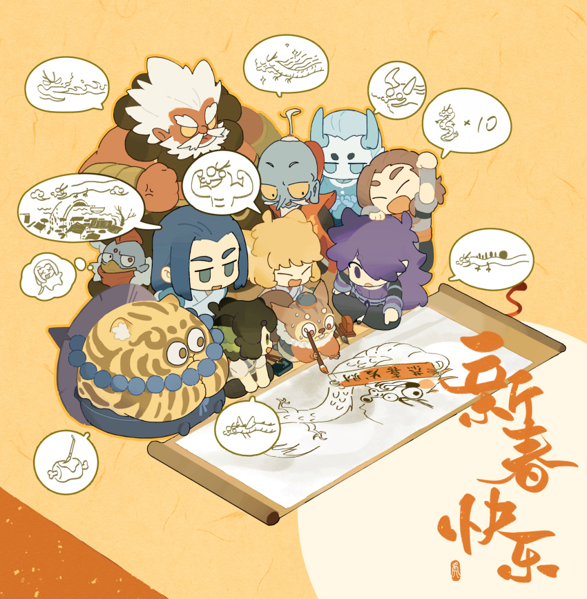 1girl, 6+boys, anger_vein, animal_ear_fluff, animal_ears, arm_up, beard, black_hair