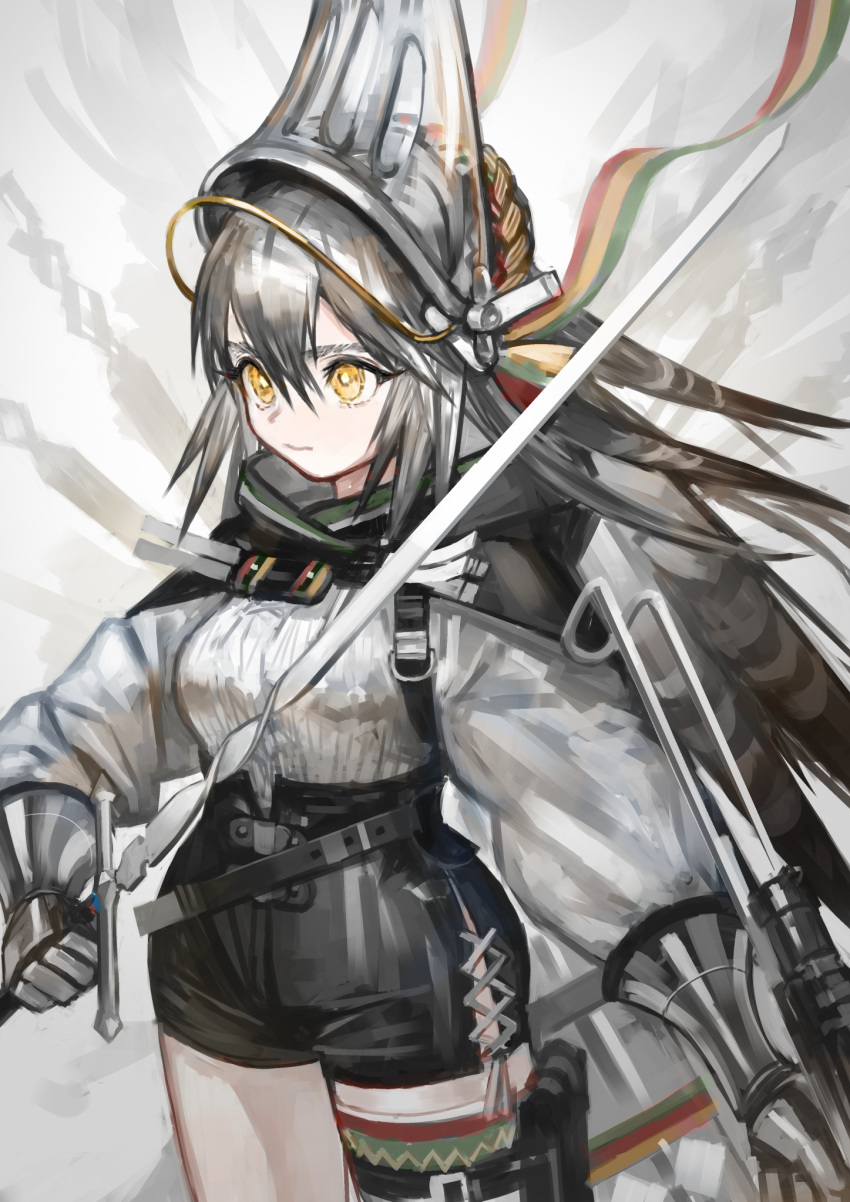 1girl, arknights, armor, black_hair, black_shorts, breasts, closed_mouth, fartooth_(arknights)