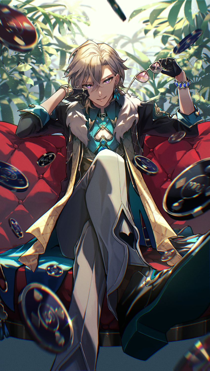 1boy, absurdres, aqua_shirt, aventurine_(honkai:_star_rail), black_footwear, black_gloves, black_jacket, blonde_hair