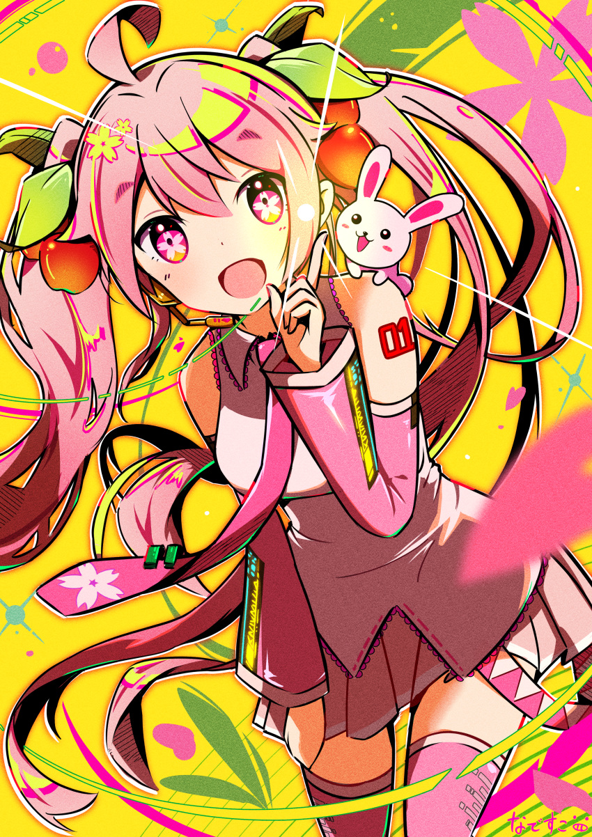 1girl, absurdres, ahoge, animal_on_shoulder, arm_at_side, cherry_blossoms, cherry_hair_ornament, flower_in_eye