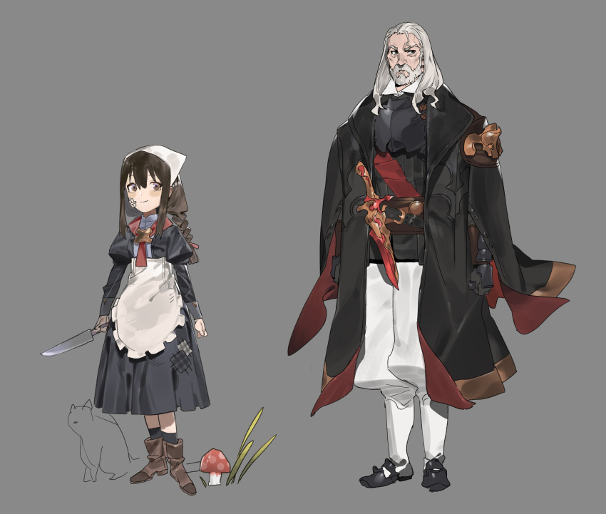 1boy, 1girl, absurdres, ananke_7, arms_at_sides, beard, belt, black_coat