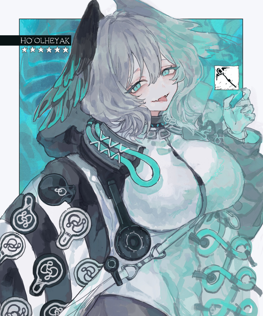 1girl, abstract_background, absurdres, aqua_background, arknights, black_coat, border, breasts