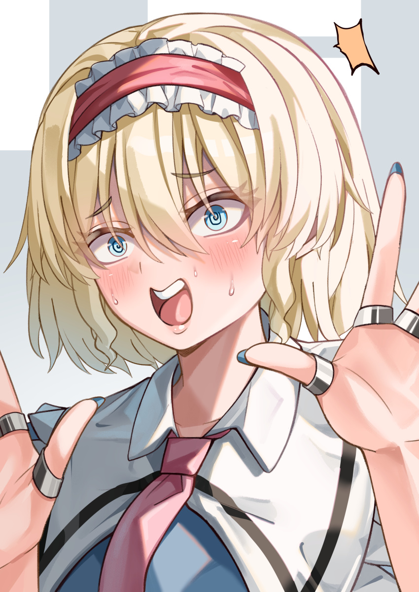 1girl, @_@, absurdres, alice_margatroid, blonde_hair, blue_dress, blue_eyes, blue_nails
