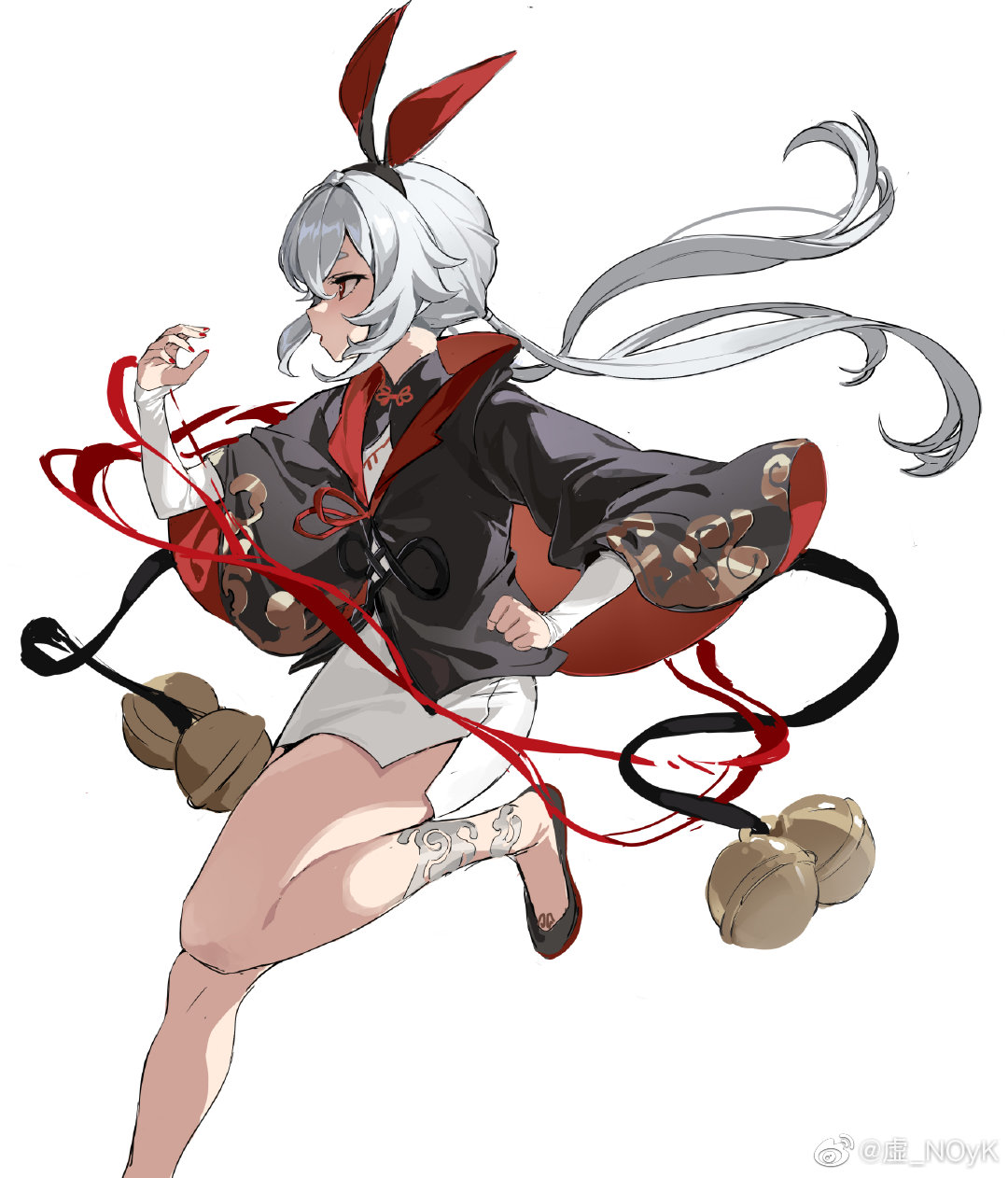 1girl, animal_ear_hairband, animal_ears, anklet, bare_legs, bell, black_footwear, black_hairband