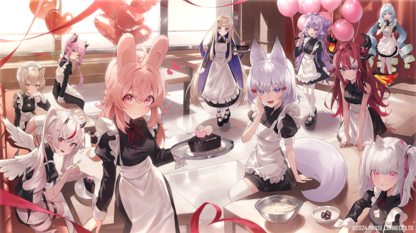 6+girls, ahoge, amanogawa_shiina, angel_wings, animal_ears, apron, aqua_eyes, balloon