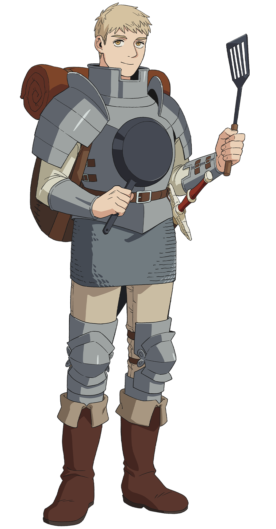 1boy, armor, backpack, bag, blonde_hair, boots, brown_bag, brown_eyes