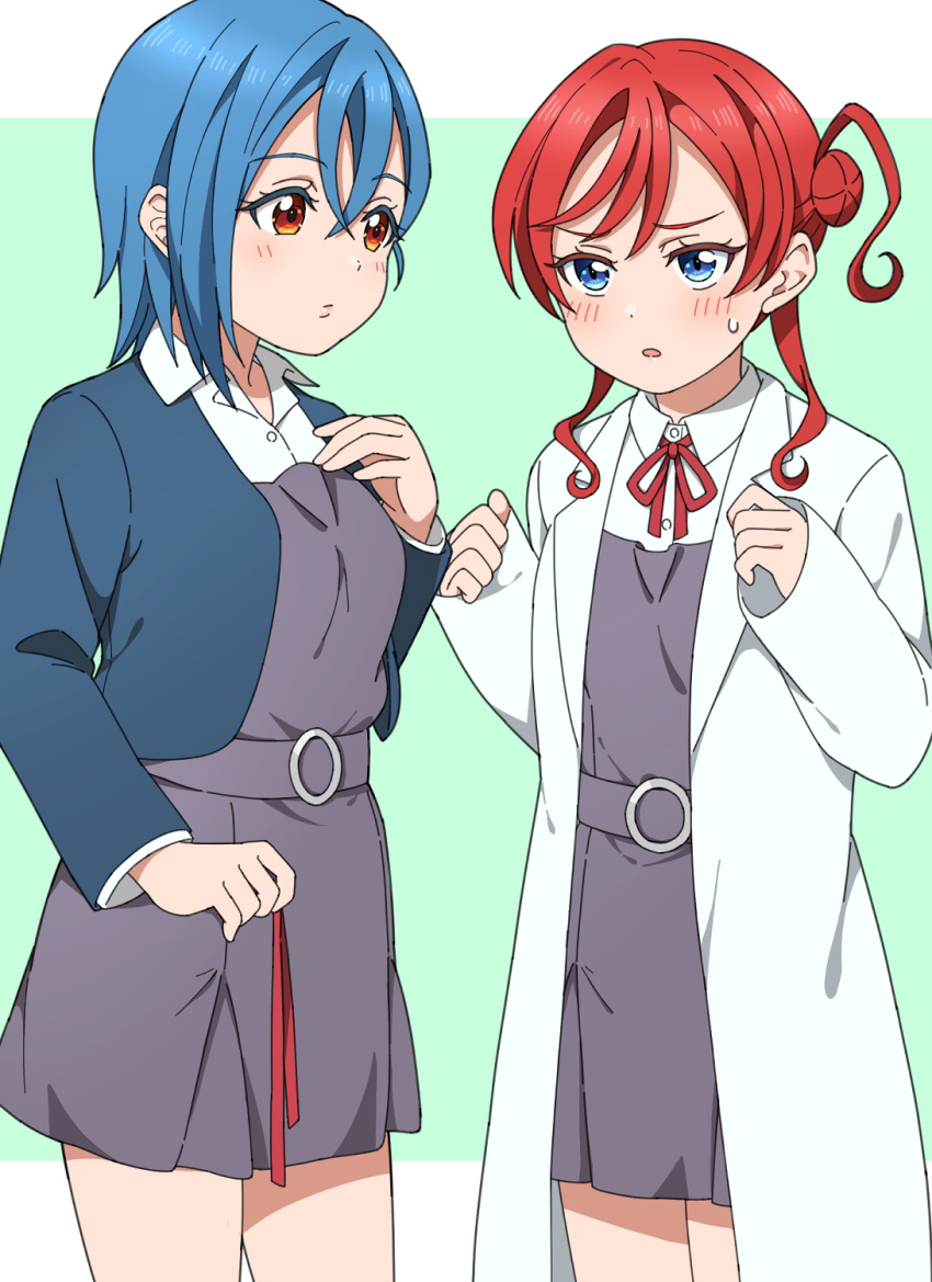 2girls, blue_eyes, blue_hair, blush, breasts, closed_mouth, coat, collared_shirt