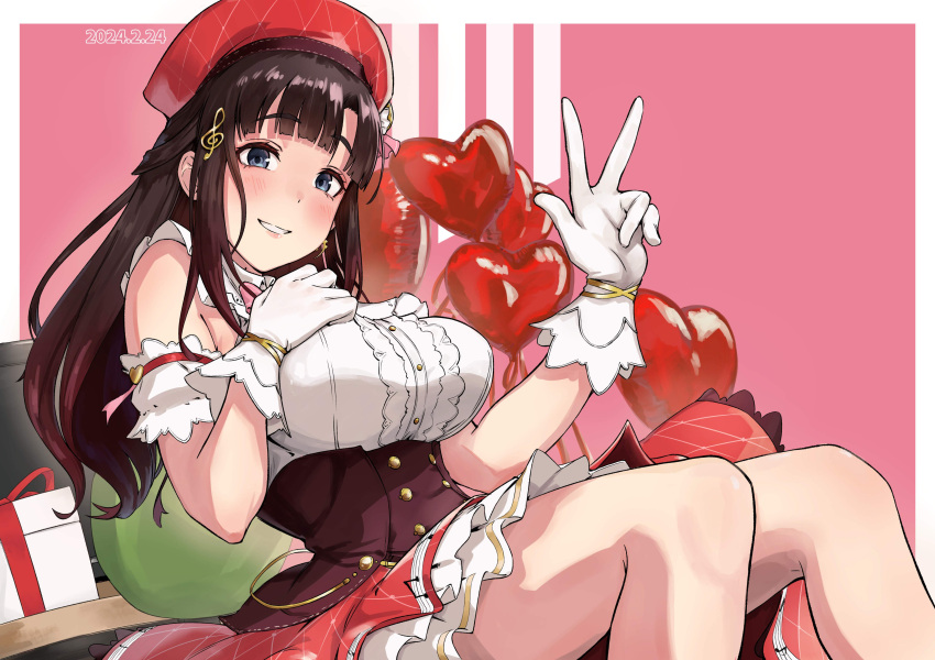 1girl, absurdres, arched_bangs, arm_ribbon, balloon, bass_clef, beret, birthday