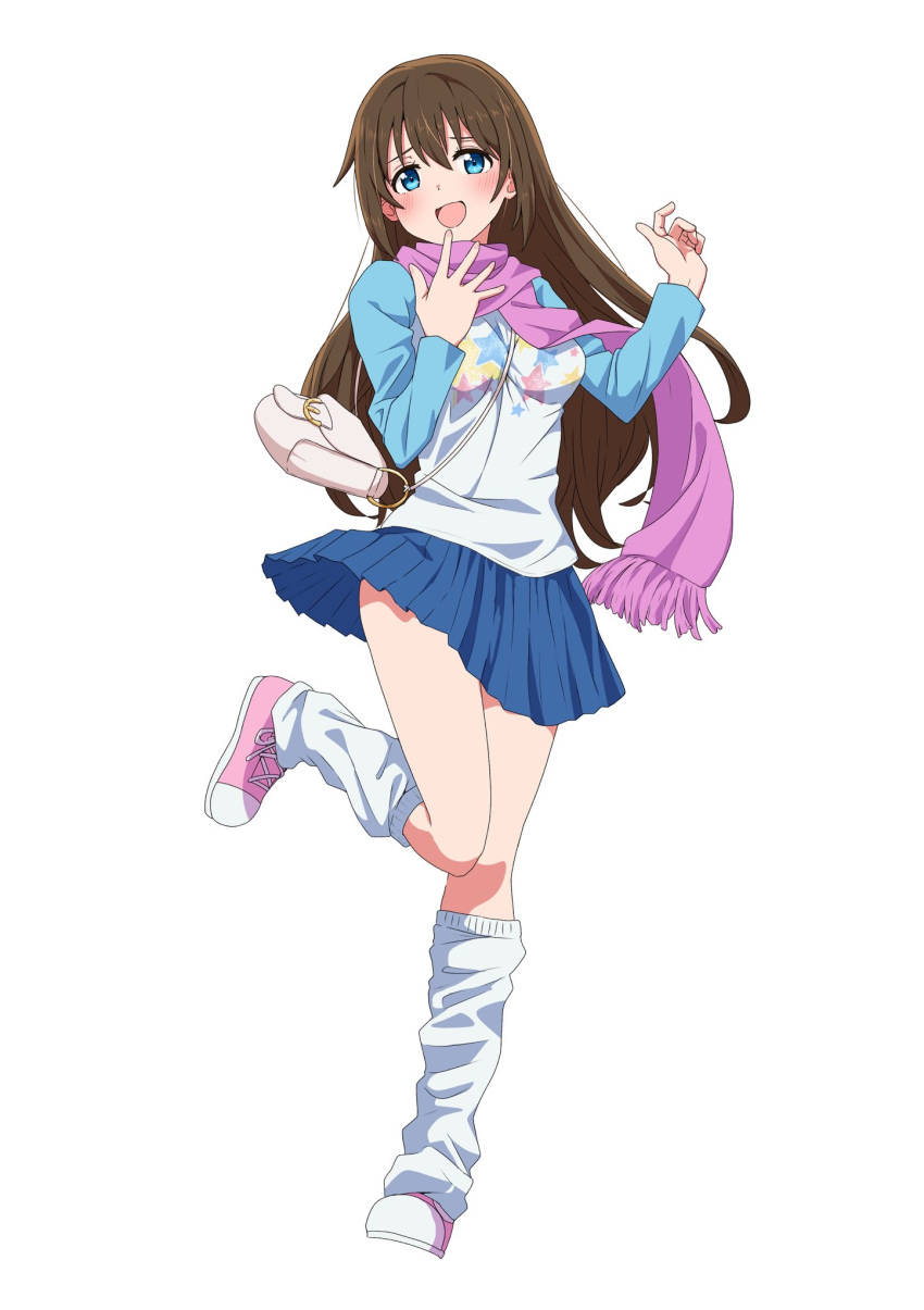1girl, bag, blue_eyes, blue_skirt, blush, breasts, brown_hair, commentary_request