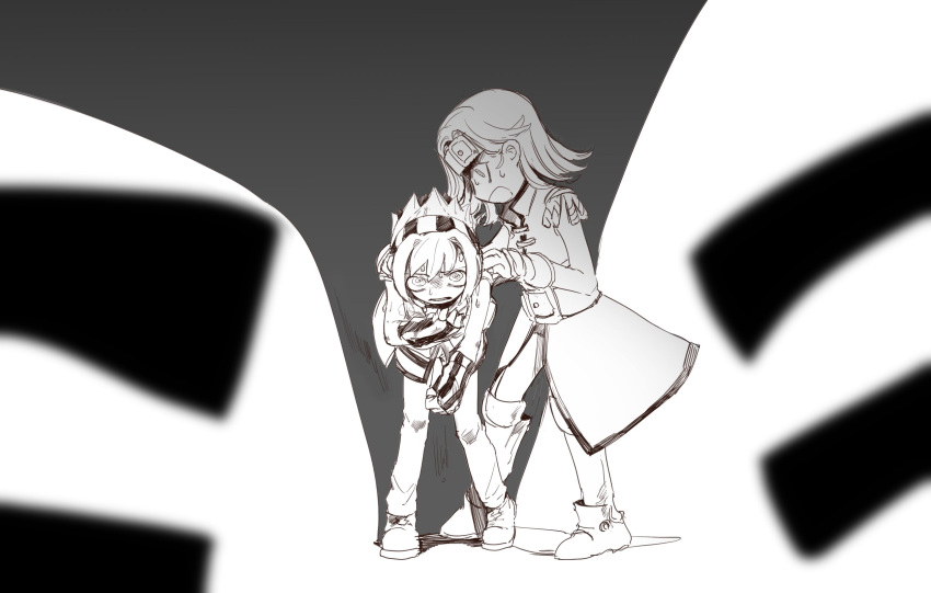 1boy, 1girl, amayadori-tei, belt, boku_to_maou, greyscale, headband, highres