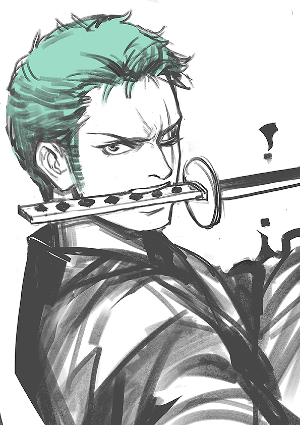 1boy, green_hair, japanese_clothes, katana, kdash, kimono, looking_at_viewer, male_focus