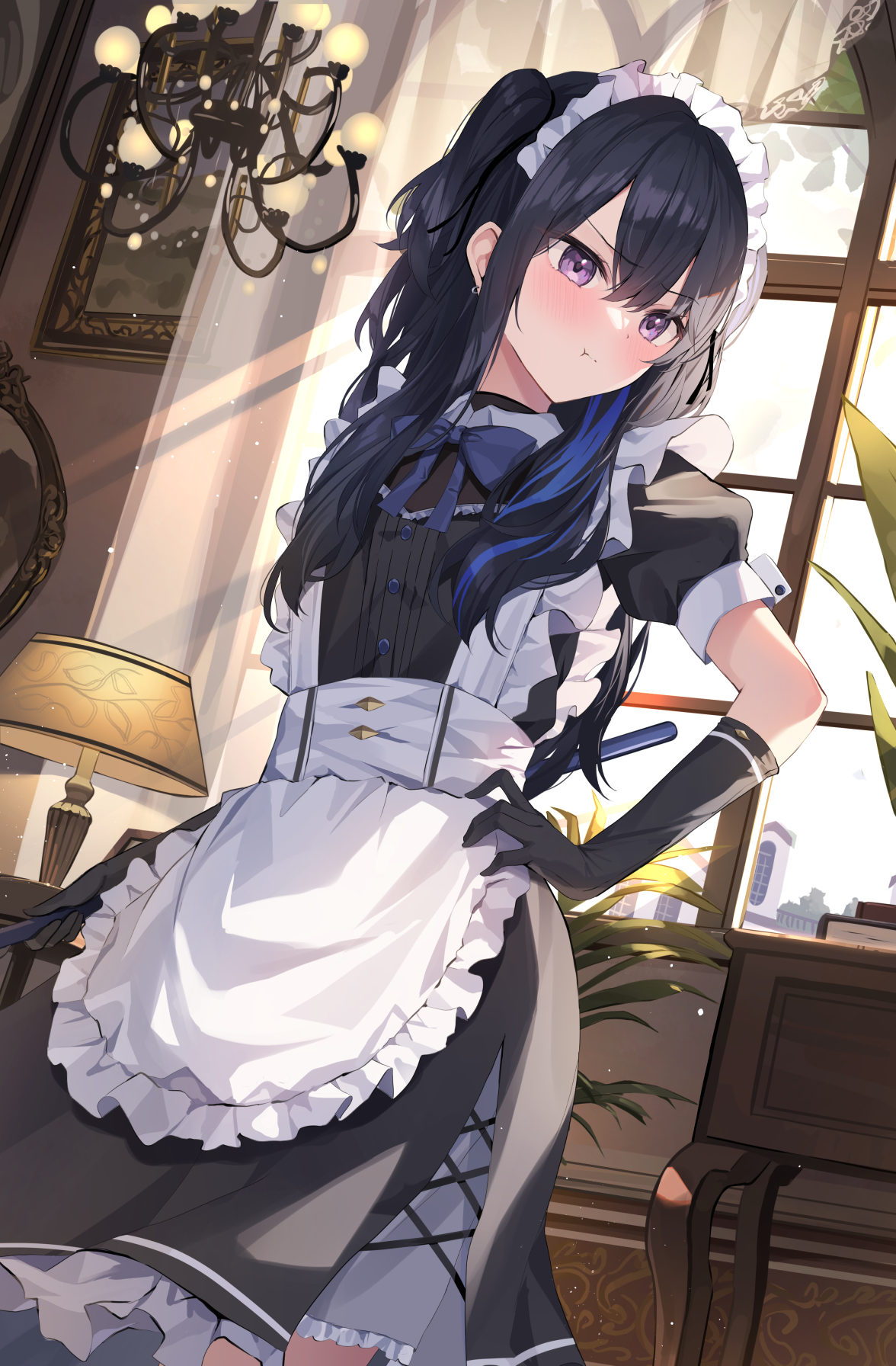 1girl, apron, black_dress, black_hair, black_handwear, black_ribbon, blue_hair, blue_ribbon