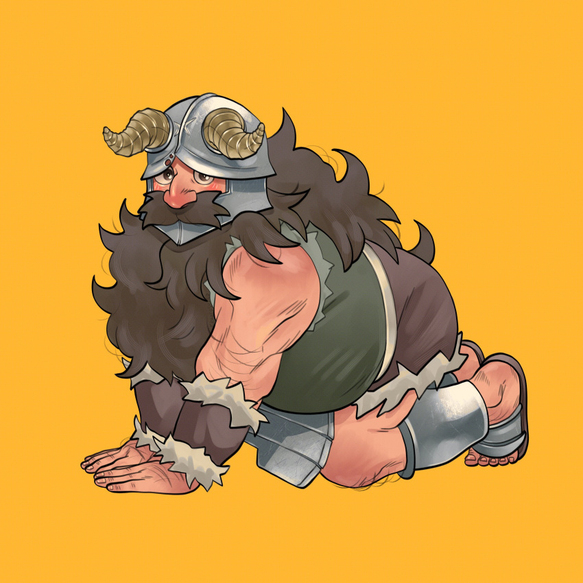 1boy, absurdres, all_fours, artistcrazed, beard, belly, blush, brown_hair