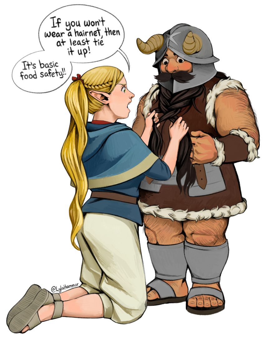 1boy, absurdres, adjusting_another's_hair, beard, blush, braid, braided_beard, brown_hair