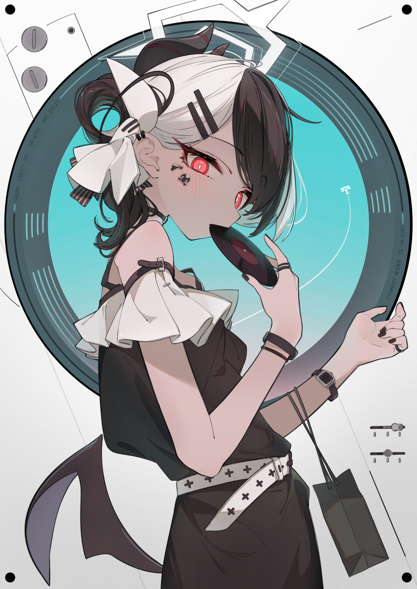 1girl, absurdres, alternate_costume, bag, belt, black_choker, black_dress, black_hair