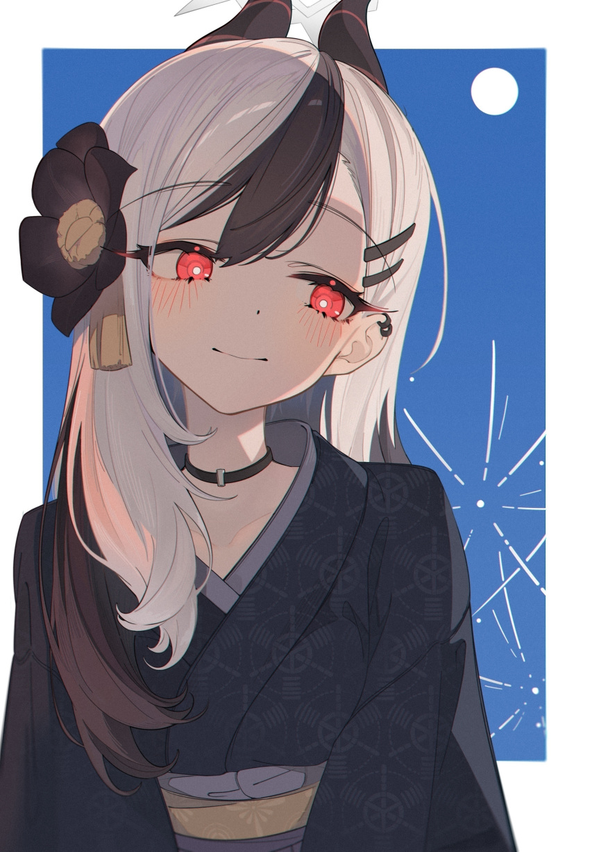 1girl, absurdres, asymmetrical_bangs, black_choker, black_hair, black_kimono, blue_archive, blush