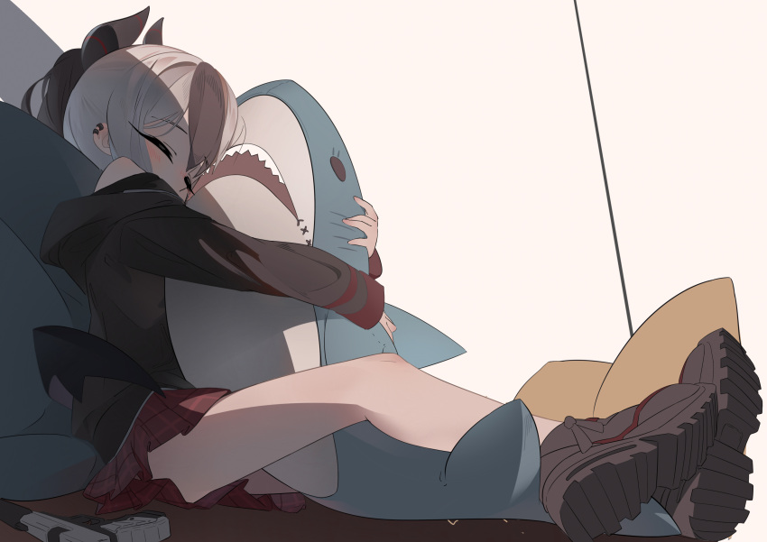 1girl, absurdres, bare_legs, between_legs, black_hair, black_hoodie, blue_archive, blush