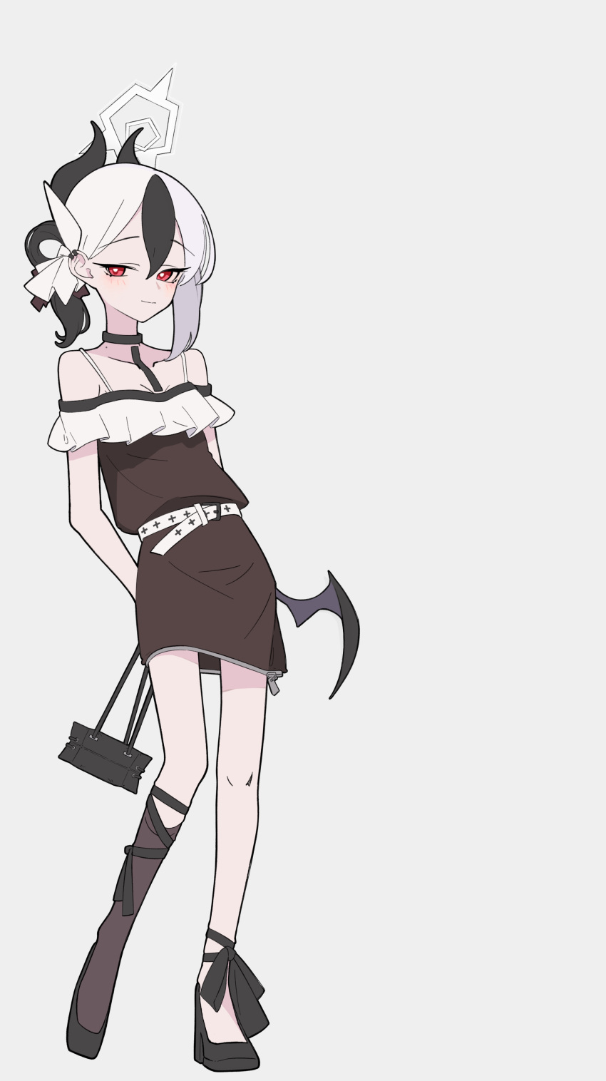 1girl, absurdres, alternate_costume, arms_behind_back, asymmetrical_legwear, bag, bare_shoulders, belt