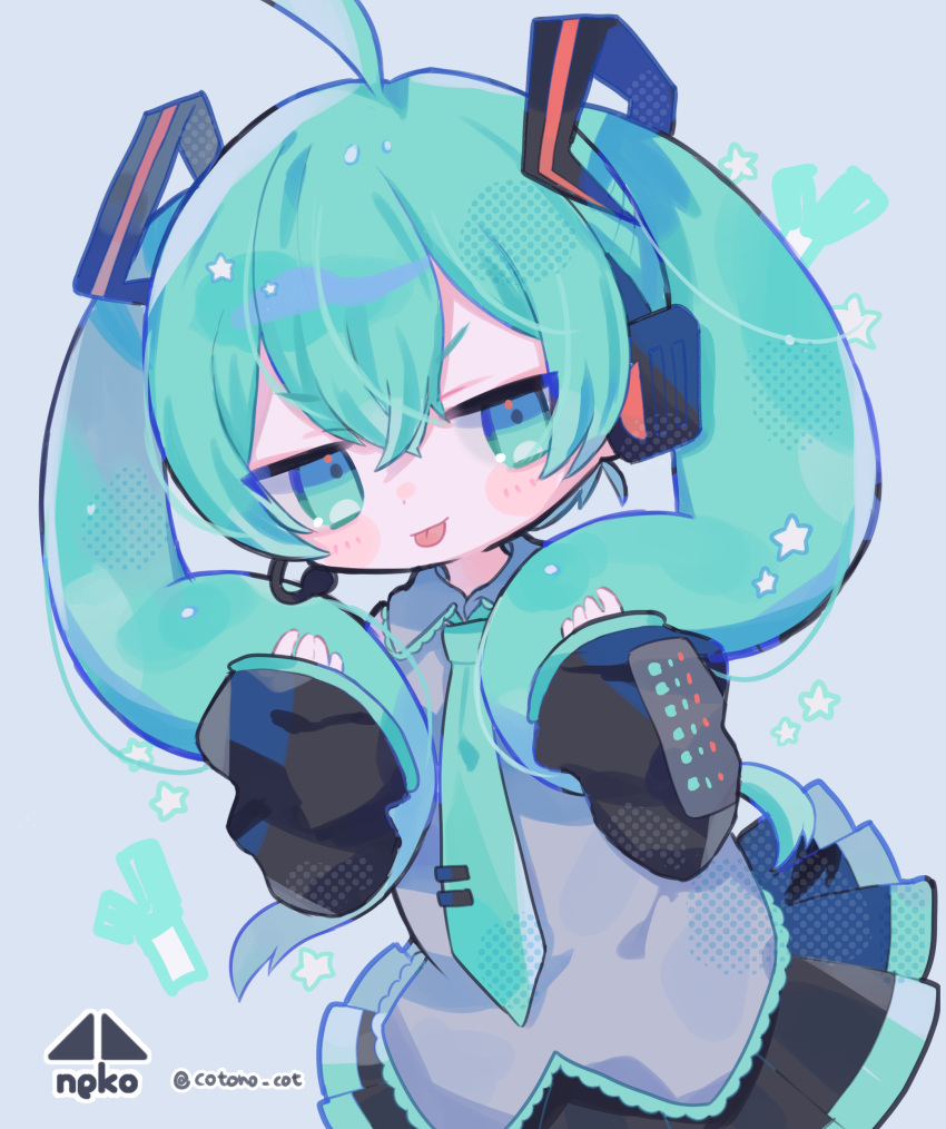 :p, absurdres, aqua_eyes, aqua_hair, aqua_necktie, black_sleeves, cotono_(nazekun), grey_shirt, hatsune_miku, headset, highres, light_blue_background, long_hair, necktie, shirt, spring_onion, star_(symbol), tongue, tongue_out, twintails, upper_body, very_long_hair, vocaloid