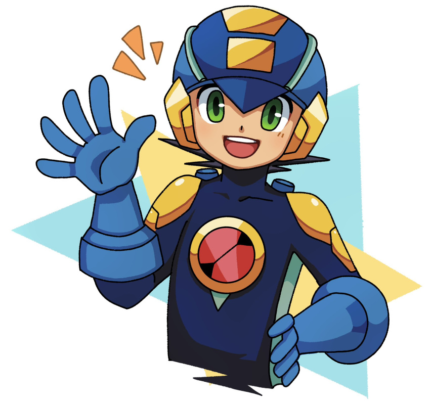 1boy, black_hair, blue_bodysuit, blue_headwear, bodysuit, emblem, green_eyes, helmet