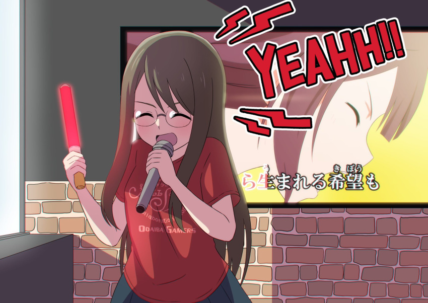 2girls, black_hair, brick_wall, brown_hair, chase!_(love_live!), glasses, glowstick, highres