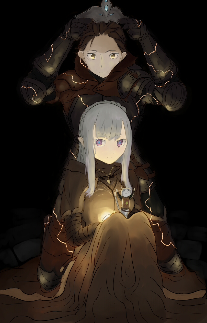 1boy, 1girl, black_hair, cat, dark_souls_(series), dark_souls_i, emilia_(re:zero), grey_hair
