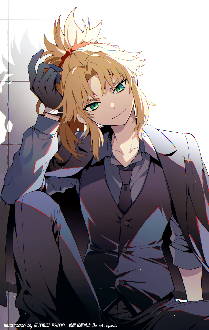 1girl, black_gloves, black_jacket, black_necktie, black_pants, black_suit, black_vest, blonde_hair, braid, elbow_on_knee, elbow_rest, fate/apocrypha, fate/grand_order, fate_(series), foot_out_of_frame, french_braid, gloves, green_eyes, grey_shirt, hair_ornament, hair_scrunchie, hand_on_own_head, highres, jacket, knee_up, looking_at_viewer, meiji_ken, mordred_(fate), mordred_(fate)_(all), necktie, pants, ponytail, red_scrunchie, scrunchie, shirt, sitting, sleeve_rolled_up, solo, suit, suit_jacket, vest
