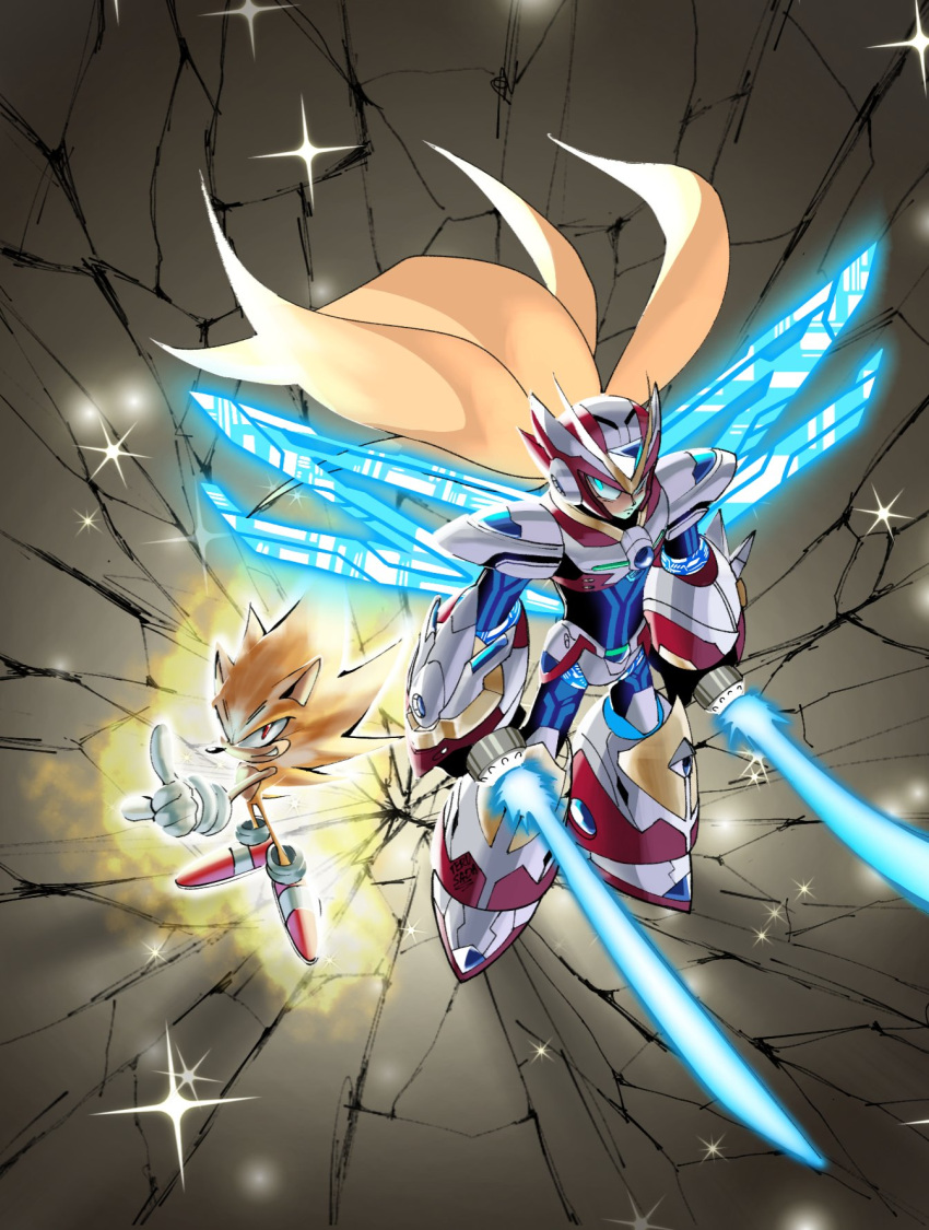 2boys, armor, aura, blonde_hair, blue_eyes, crater, crossover, dive_armor_zero_(mega_man), dual_wielding, energy_sword, energy_wings, furry, gloves, highres, holding, holding_sword, holding_weapon, long_hair, looking_at_viewer, mega_man_(series), mega_man_x_(series), mega_man_x_dive, multiple_boys, official_alternate_costume, red_footwear, sonic_(series), sonic_the_hedgehog, super_sonic, sword, terusada1, weapon, white_gloves, z_saber, zero_(mega_man)