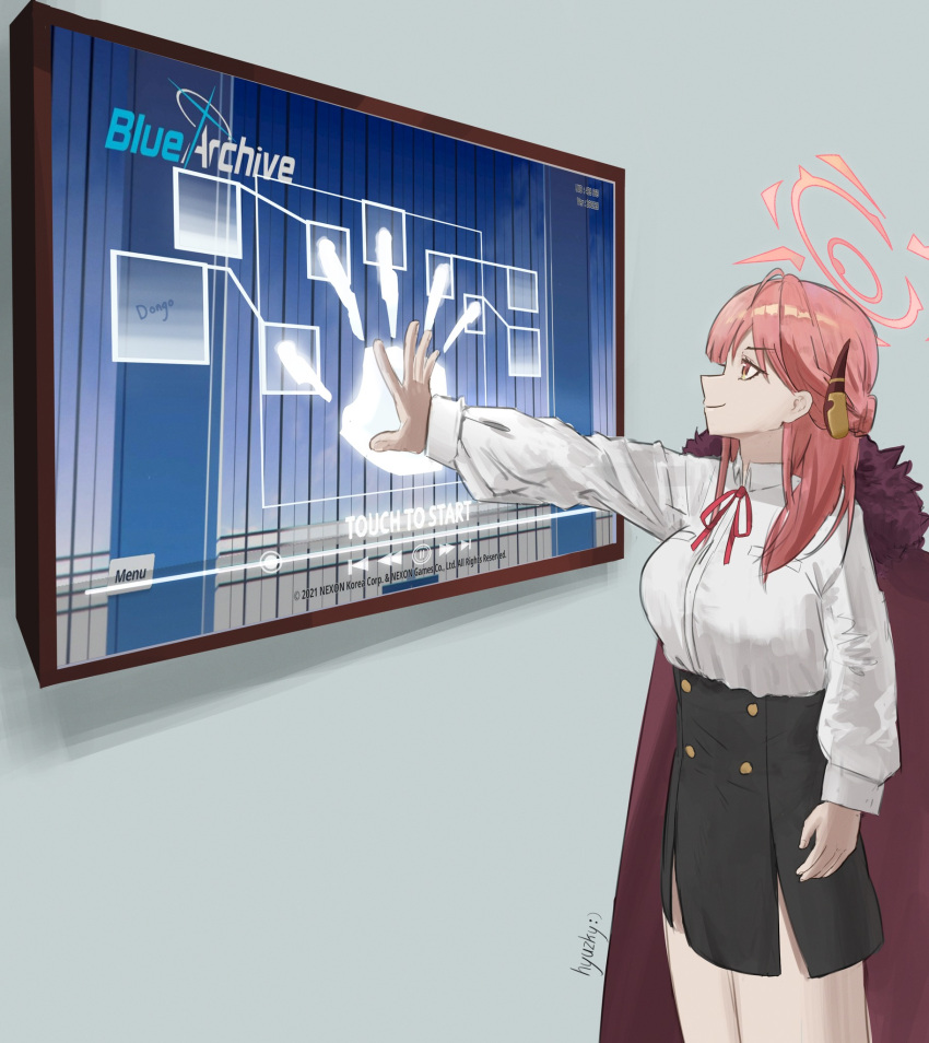 artist_name, aru_(blue_archive), black_skirt, blue_archive, brown_coat, brown_horns, coat, coat_on_shoulders, demon_horns, fur-trimmed_coat, fur_trim, halo, highres, horns, indonesian_text, meme, monitor, neck_ribbon, pencil_skirt, pink_hair, pink_halo, red_coat, ribbon, skirt, television