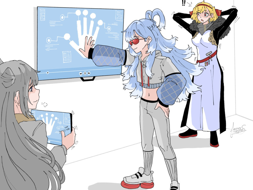 blue_hair, cone_hair_bun, cropped_hoodie, flat_screen_tv, gloves, grey_hair, hair_bun, highres