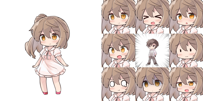 >_<, 1boy, 1girl, :d, :t, blush, brown_eyes, brown_hair